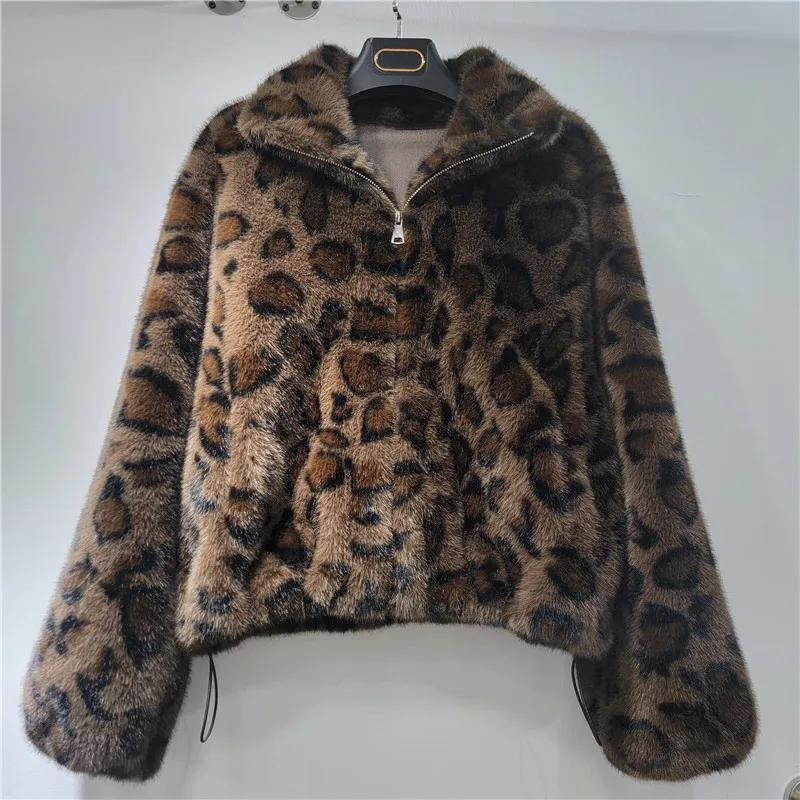 

Leopard Print Sherpa Jacket. A stylish stand-collar coat offering luxurious comfort and versatile, trendy looks.