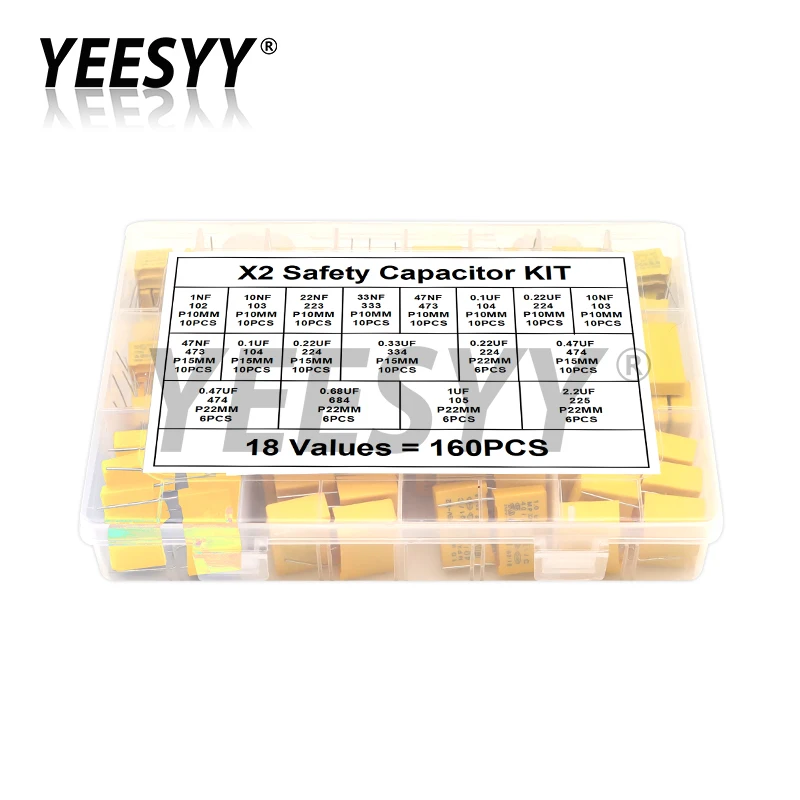 

160pcs Polypropylene Film X2 Safety Capacitor Assorted Kit 275VAC 18Values 102K-225K 1NF-2.2UF Sample Set