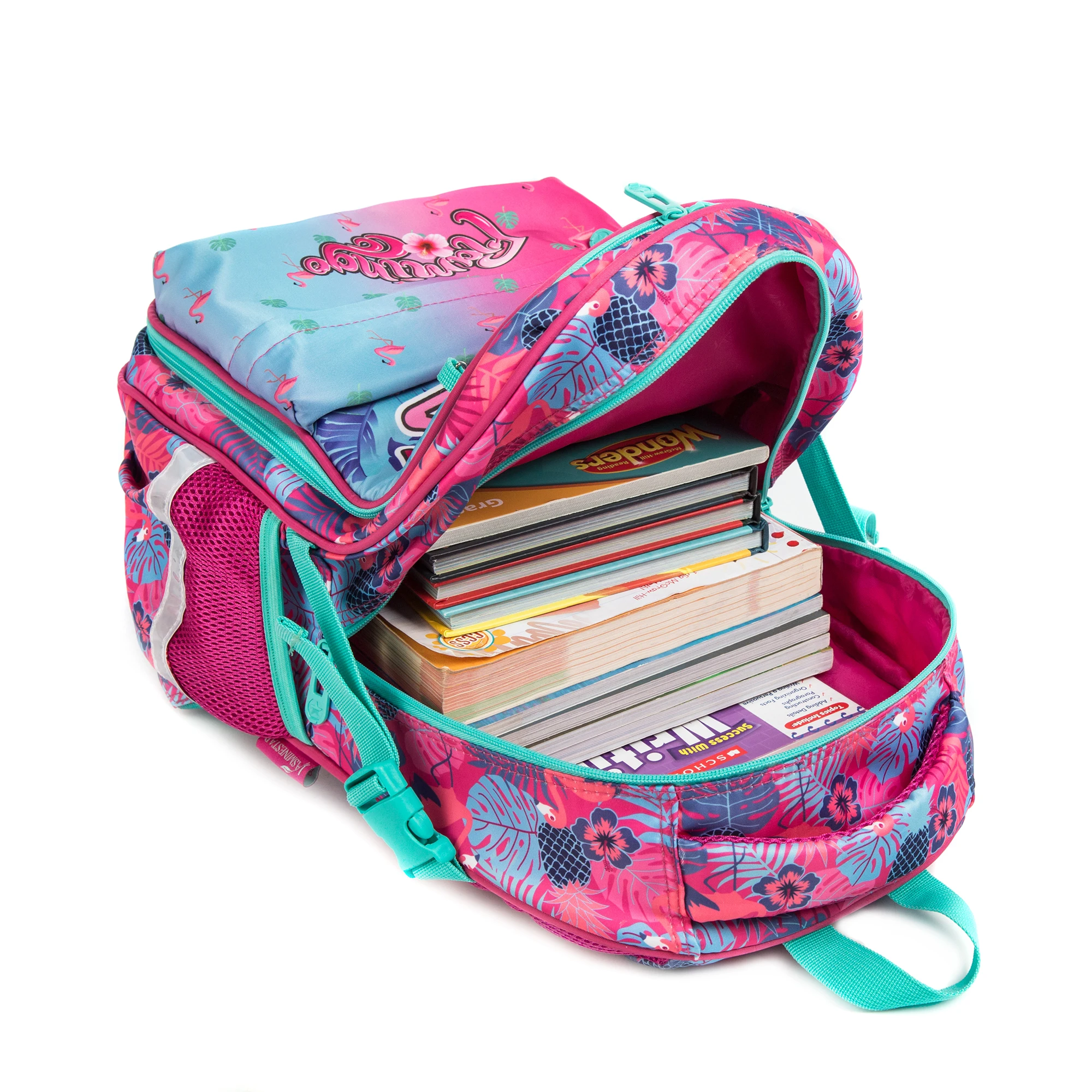 Girls Backpack for Pupil Backpack Teenager Backpack Flamingo Side Open Backpack Lunch Bag Pen Bag