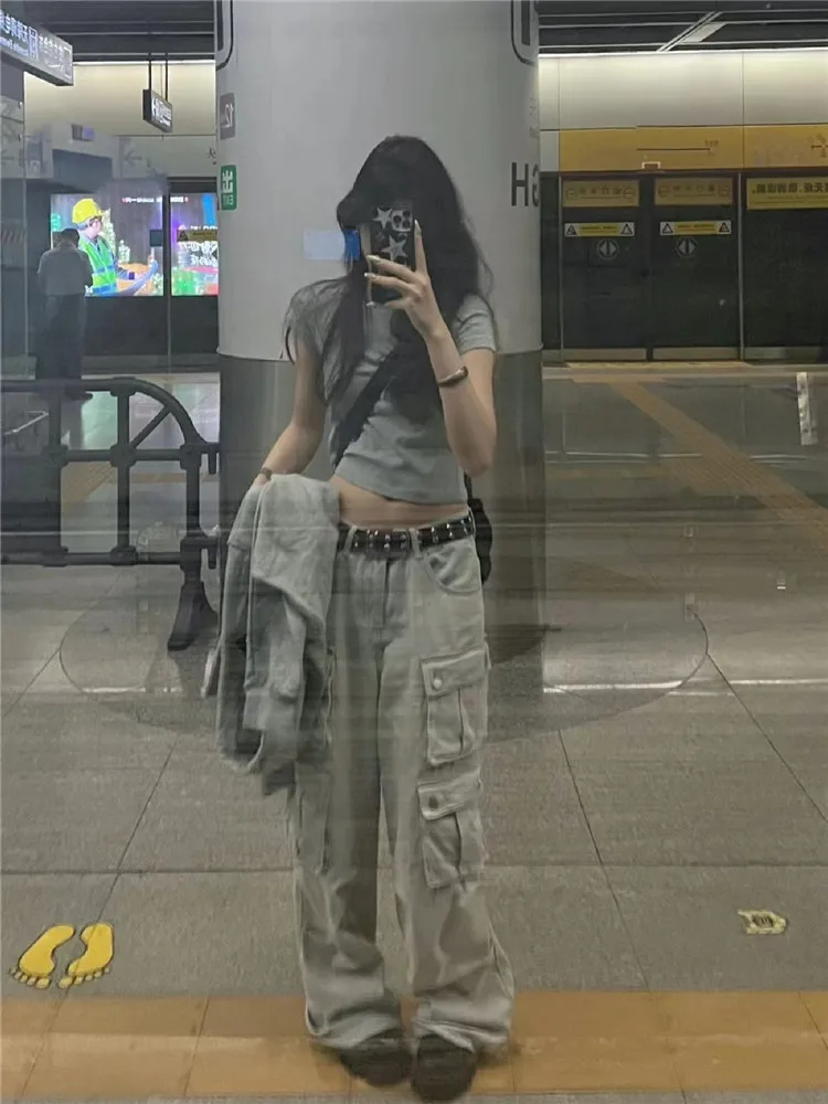 

American Retro High Street Wide Leg Denim Jeans Women's High Waist Slimming Tall Extended Multi Pocket Floor Length Pants