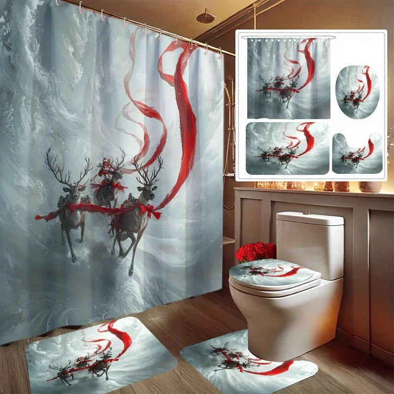 

4 шт., набор занавесок для душа с рождественским принтом саней, декоративный набор для ванной комнаты, включает занавеску для душа, нескользящий напольный коврик, унитаз