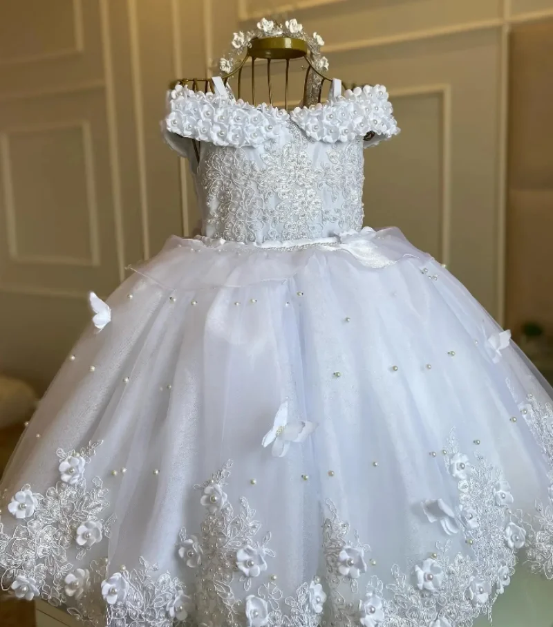 

White Pearls Flower Girl Dress For Wedding 3D Butterfly With Bow Toddler Birthday Party Kids Christmas Princess Ball Gown