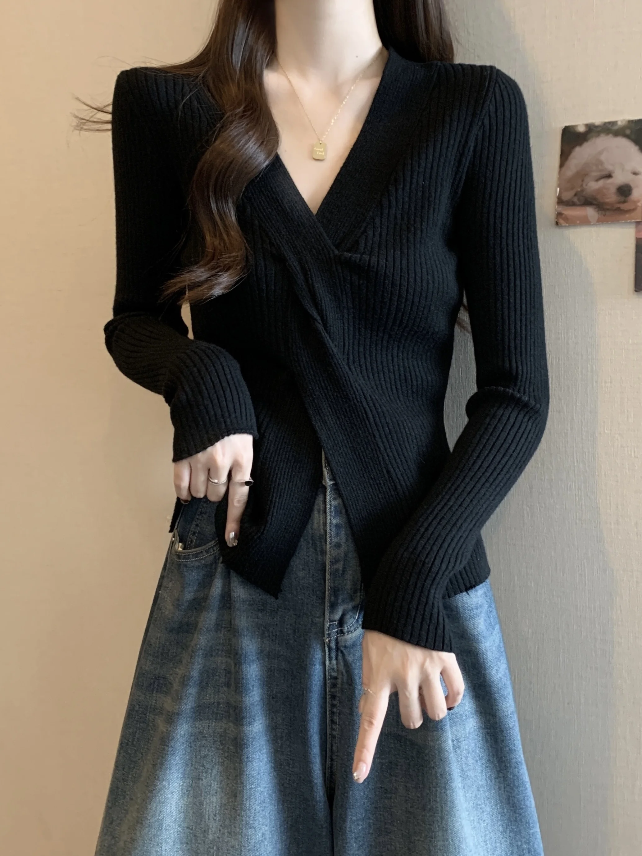 

plus Size Women's Knitwear V-Ne Long Sve Crossed Waist Cinching Casual Faion High Waist Side Slit Slim Fit Inner Wear