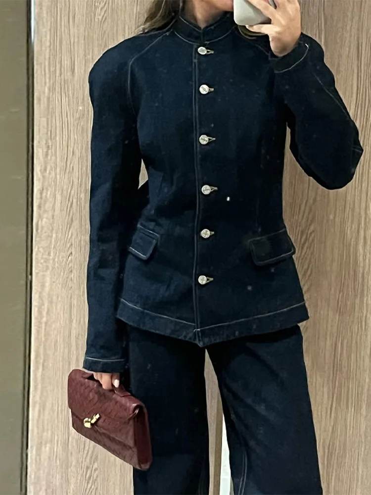 

Vintage Women's Formal Padded Shoulder Denim Suits Set Single Breasted Jacket Matching High Waist Straight Leg Jeans Pant Outfit