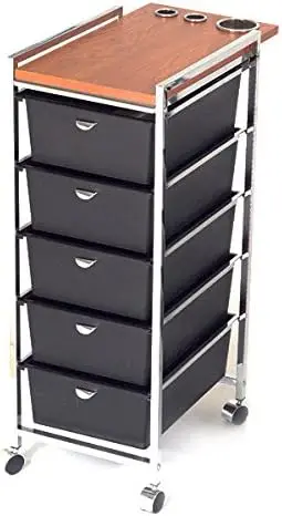 5 Tier Cart Professional Utility Cart/Styling Station on Wheels with Black Top, Metal Appliance , 5 Removable Storage Drawers