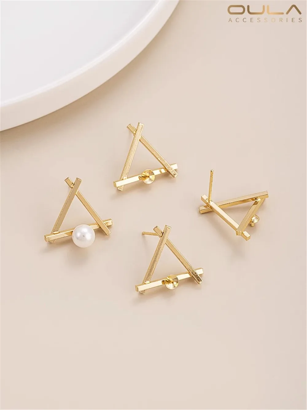 

14K Bag Gold Color Geometric Triangle Frame Half Hole Bead Bracket Earrings 925 Silver Needle Handmade Diy Sticky Pearl Earrings