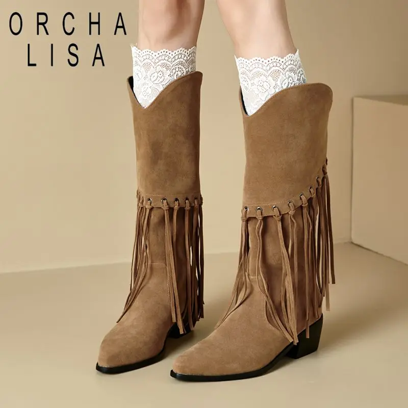 

2025 Новые женские сапоги до середины икры в стиле ретро с острым носком на блочном каблуке 5,5 см, без шнуровки с металлическими акцентами, большой размер 46 47 48