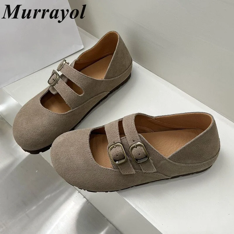 

Cow Suede Belt Buckle Design Mary Jane Shoes Women Round Toe Shallow Mouth Flat Shoes Spring Autumn Retro Style Single Shoes