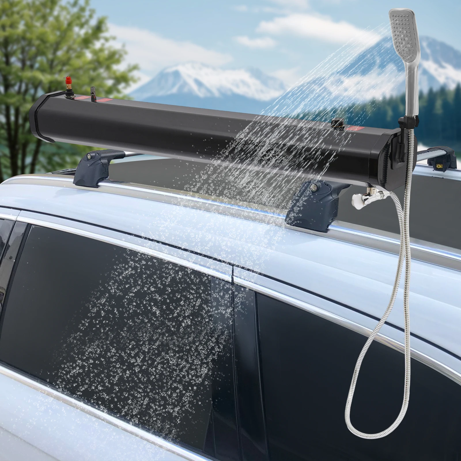 Portable 18L Car Camping Roof Rack Mount Road Shower With Silver 5.58-foot long water pipe And Black Water Tank