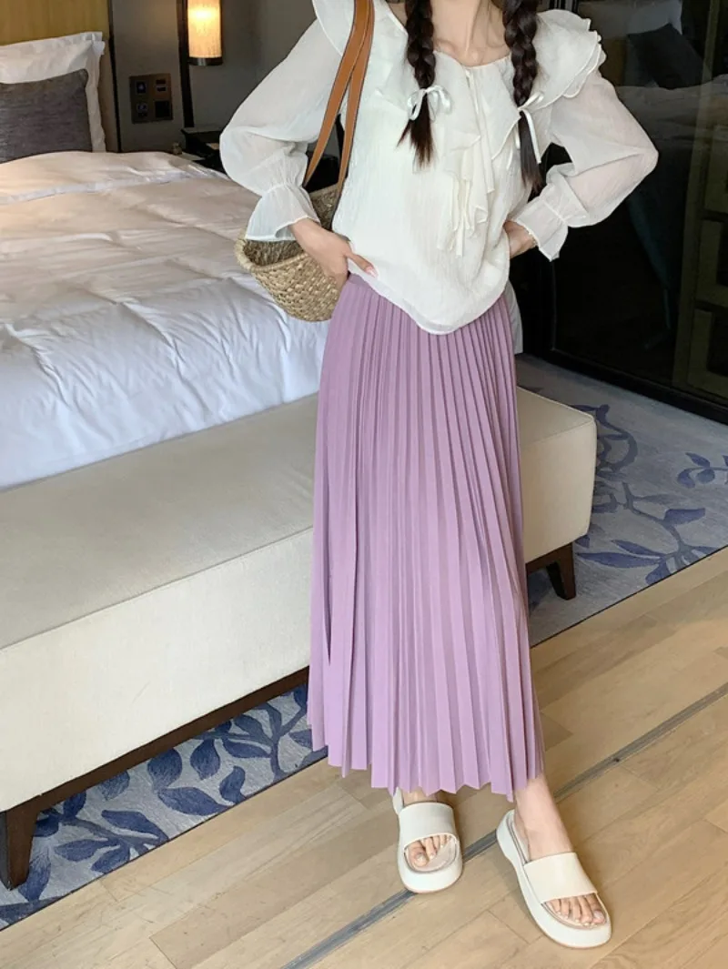 Summer Midi Long Pleated Skirt for Women Korean Style Elastic Waist A-line Skirts Student Female