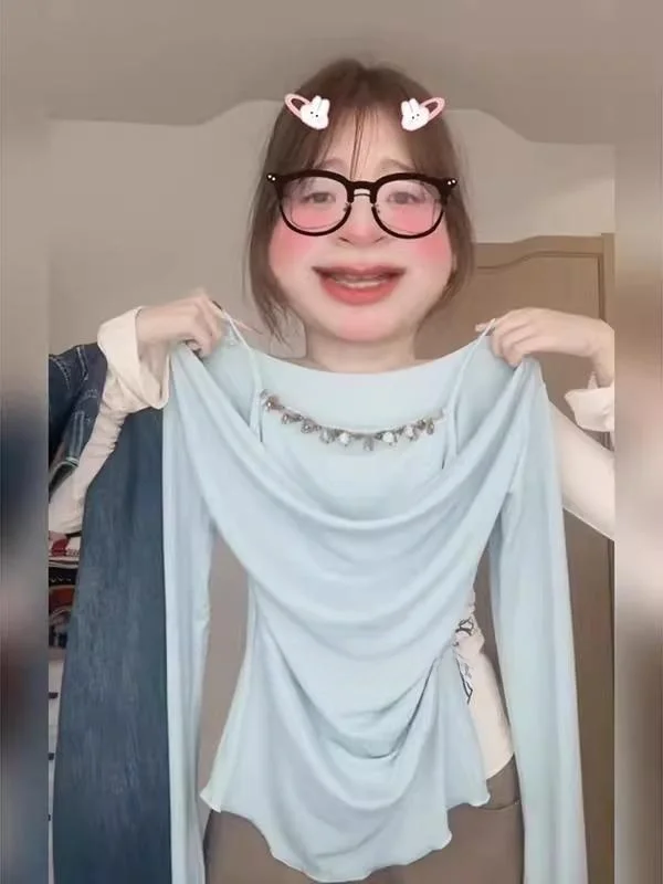 plus Size Splice Fake Two-Piece Long Sve T-irt Women Spring Autumn Gathered Slimming Pure Desire Blue Weight Loss Base Top