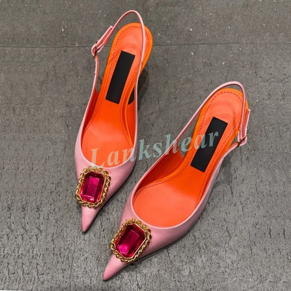 

Luxury Gemstones Decor Satin Sandals Pointed Toe Shallow Slingback Sexy Fashion Women Dress Shoes Summer Stiletto High Heels New