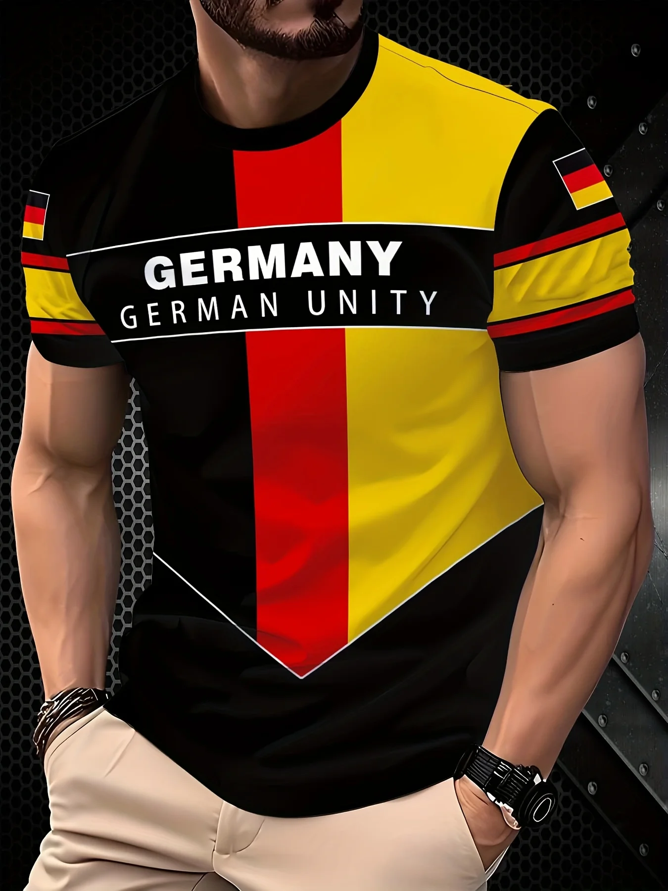 تي شيرت ألماني بطباعة ثلاثية الأبعاد، تي شيرت صيفي كاجوال برقبة دائرية للرجال. #1