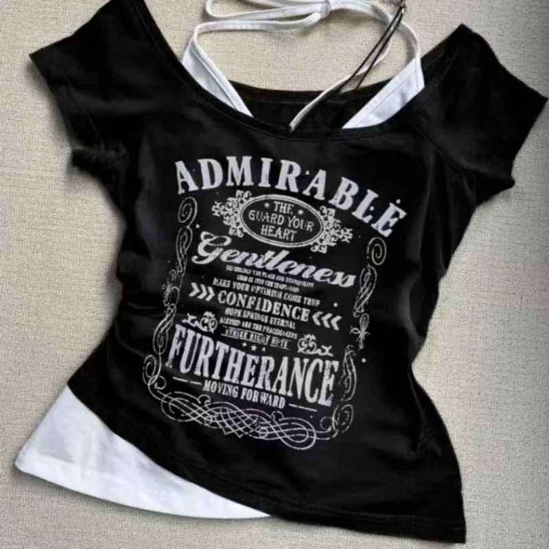 

Summer Fake Two Pieces Halter Vintage T-shirts Y2k Aesthetic Slim Crop Tops Women Grunge Print Haraiuku Casual Sexy Chic Tees