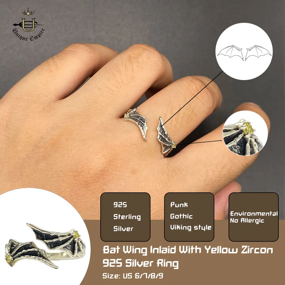 

925 Sterling Silver Gothic Bat Wing Inlaid Yellow Zircon Open Ring Skull Claw Halloween Party For Men And Women Fashion Annivers