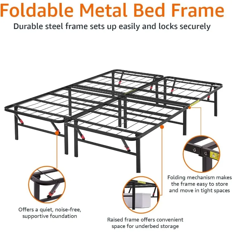 Basics-Foldable Metal Plataforma Bed Frame, ferramenta de configuração gratuita, alta, rainha, preto, 14 polegadas