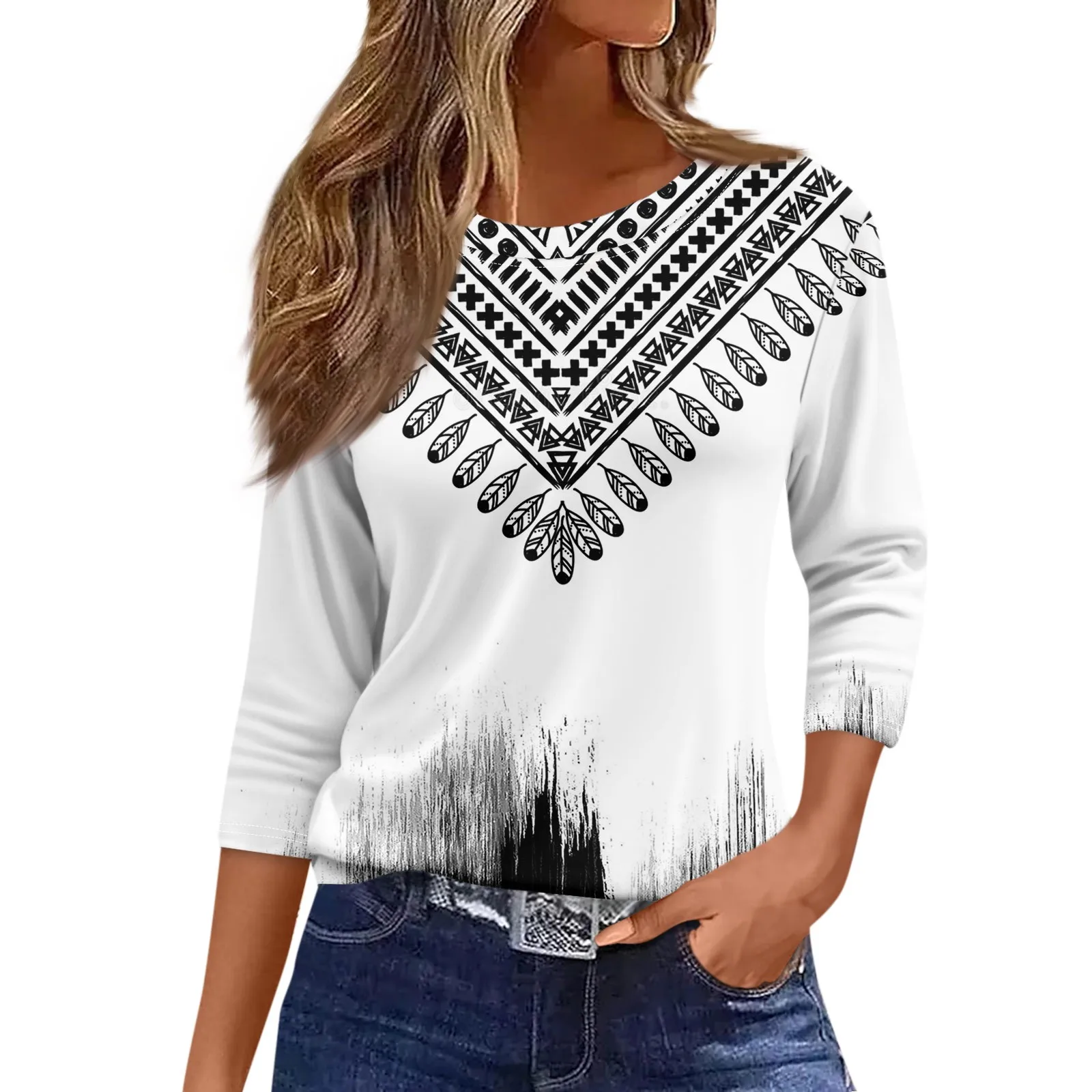 Moda damska Casual Round Neck 3/4 Sleeve Loose Printed T-Shirt Ladies Top Dressy Tops for Women Trendy Womens Summer Tops