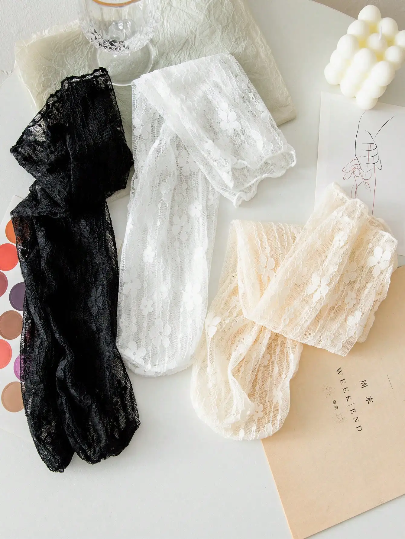 3 pairs of straight tube black and white cute lace pile socks for women, mid tube socks