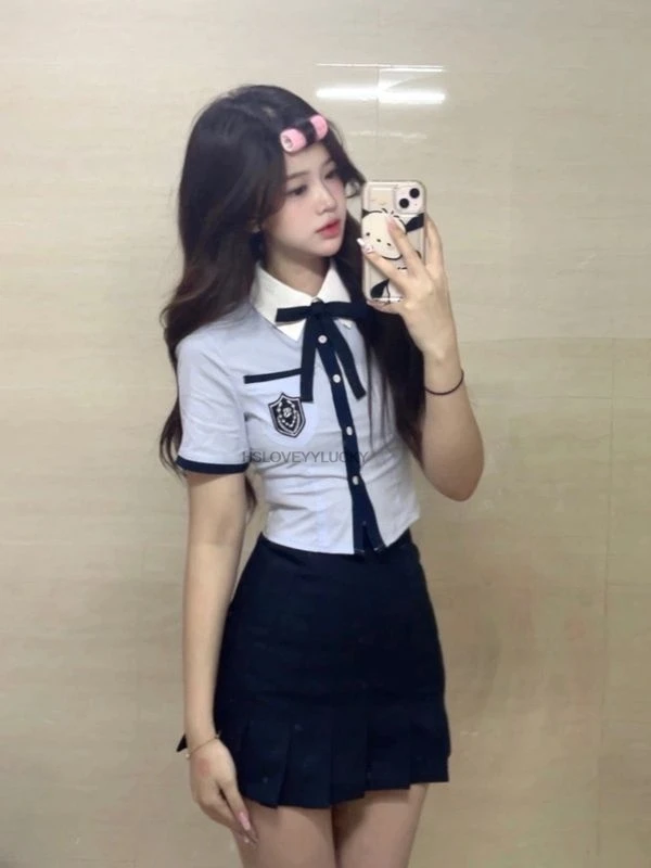 Ragazza carina giapponese a maniche corte Jk uniforme cravatta donna ragazza coreana chic uniforme da marinaio camicia a vita alta gonna scuola set da 2 pezzi