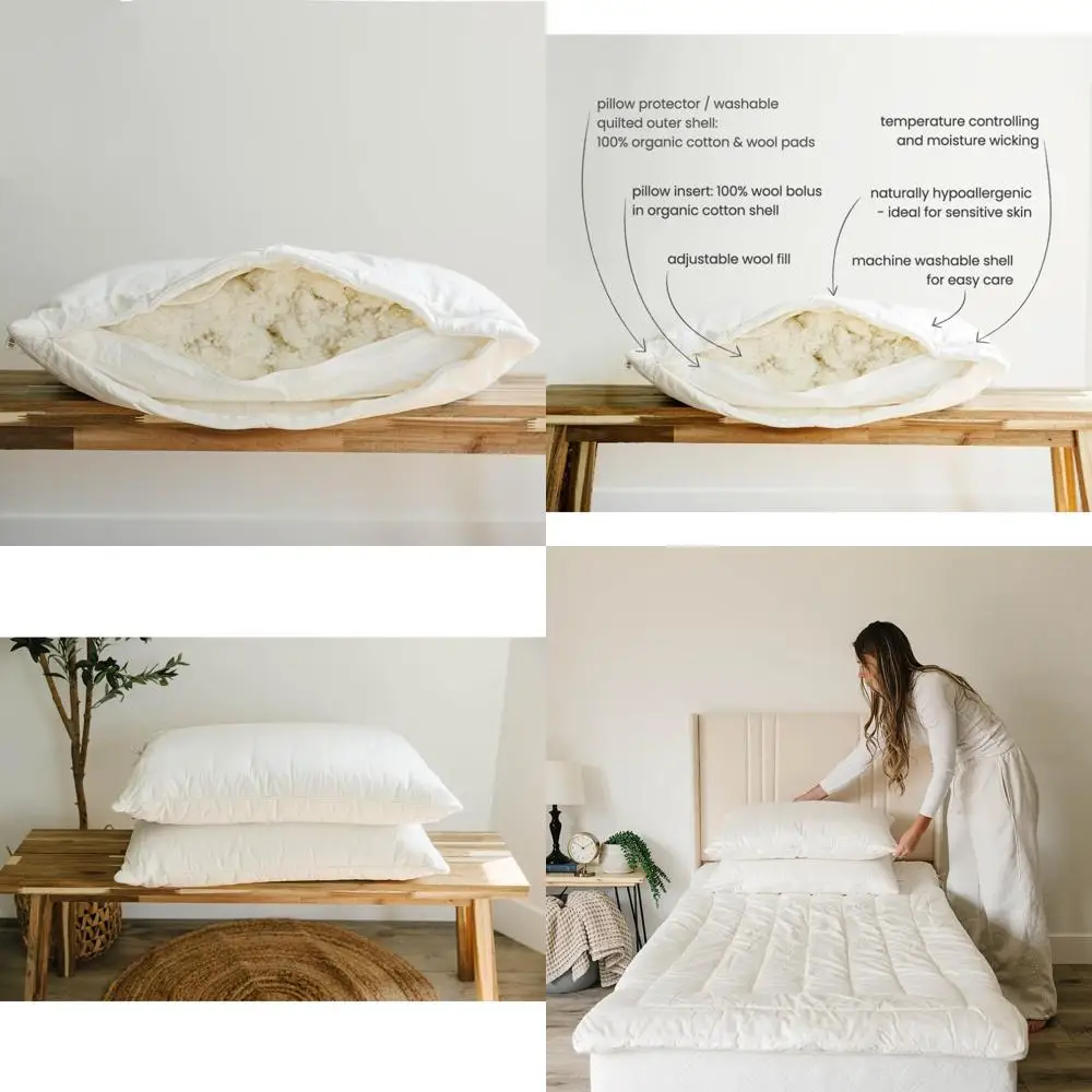 

Breathable 100% Wool Pillow with Organic Cotton Cover and Washable Quilted Shell for Premium Sleep Comfort
