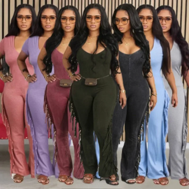 

Casual Side Fringe Tassel One Piece Jumpsuit for Women Clothing V-neck Short Sleeve Skinny Flare Pants Rompers and Jumpsuits