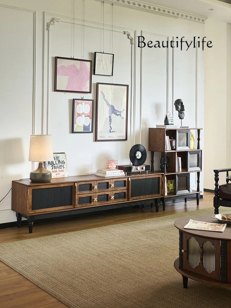 

French retro solid wood TV cabinet combination household living room ash wood medium antique locker contrasting colors