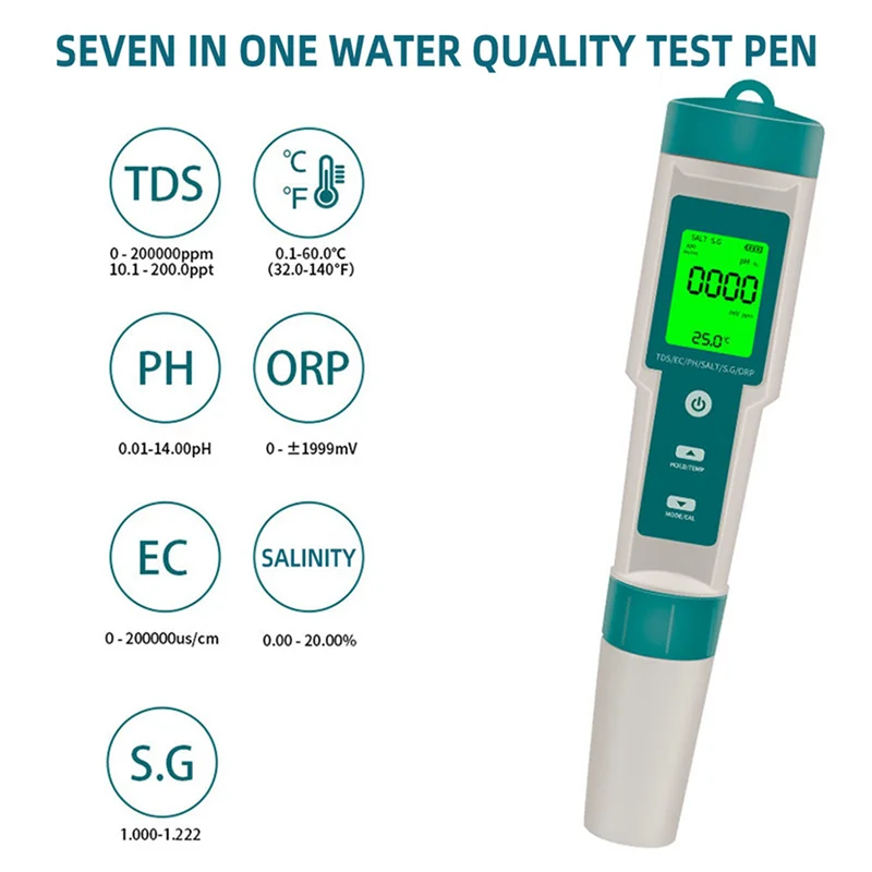 GTBL 2X 7 في 1 PH/TDS/EC/ORP/الملوحة/S.G/مقياس الحرارة C-600 جهاز اختبار جودة المياه لمياه الشرب وأحواض السمك مقياس درجة الحموضة