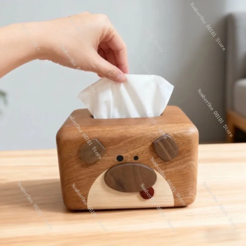 Japanese Style Wooden Tissue Box Cover Universal Home Desktop Napkin Holder Cute Shiba Inu Cartoon Paper Dispenser for Living