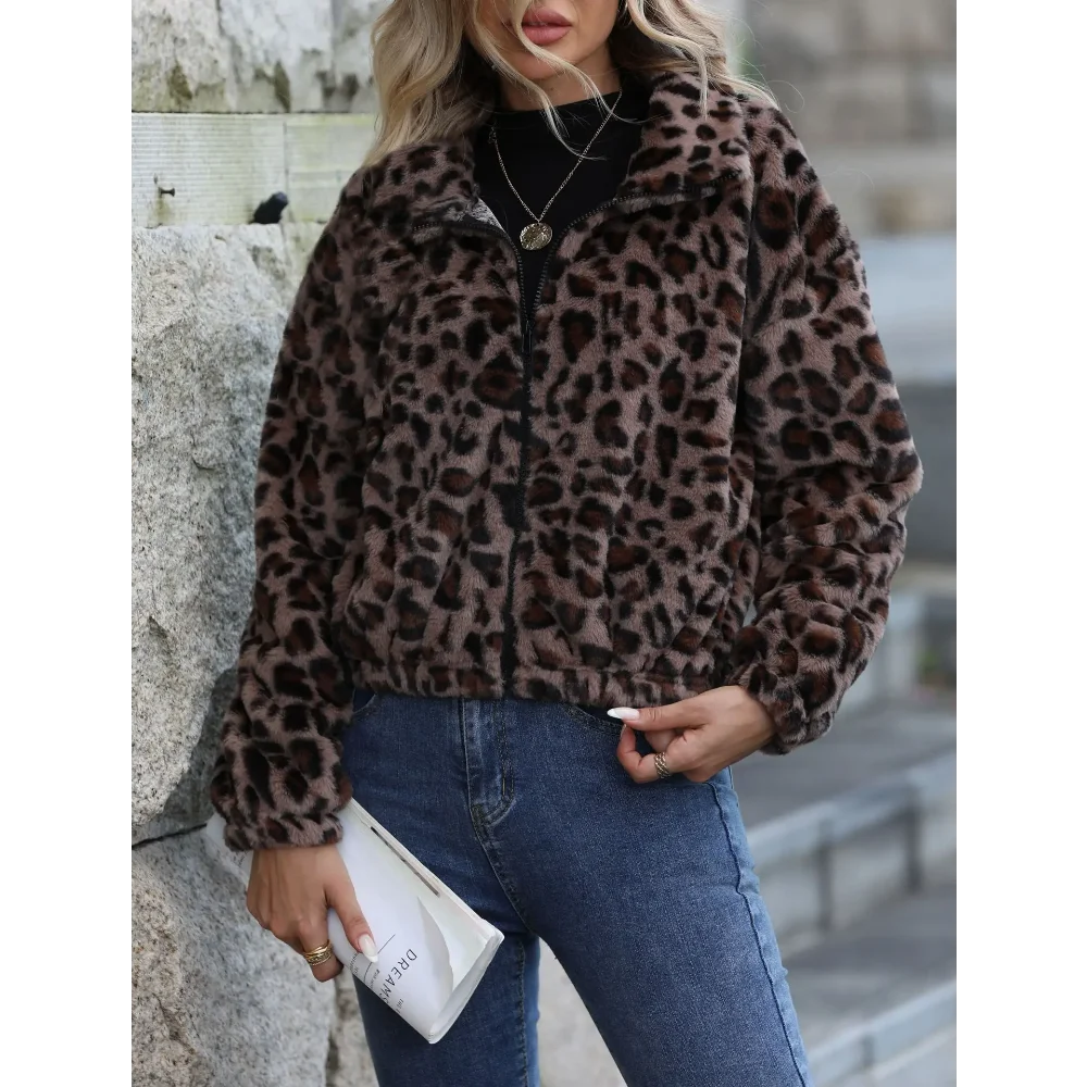 

Women Autumn Winter Leopard Print Jacket Thick Plush Hooded Warm Long Sleeve Coat Soft Zipper Loose Cardigan Lady Bomber Coat