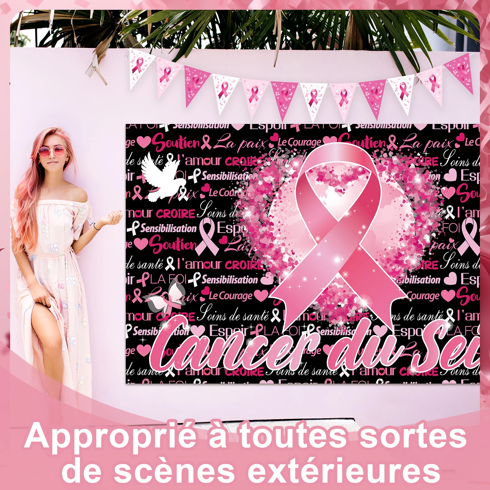 Spanduk Kesadaran Kanker Payudara, Pita Oktober Merah Muda, Latar Belakang, Harapan, Iman, Kekuatan, Keberanian, Bendera Segitiga, Dekorasi Untuk Kesehatan