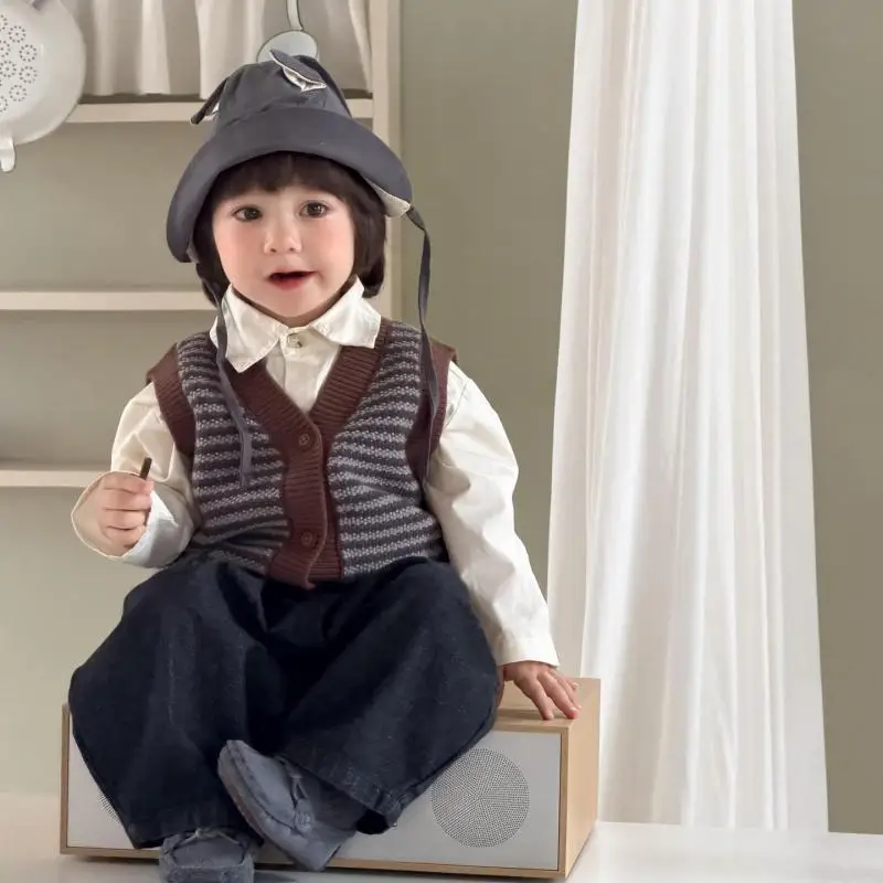 2026 Autumn New Baby Sleeveless Knitted Vest Boys Casual Sweater Coat Cotton Girls Striped Cardigan Infant Toddler Clothes