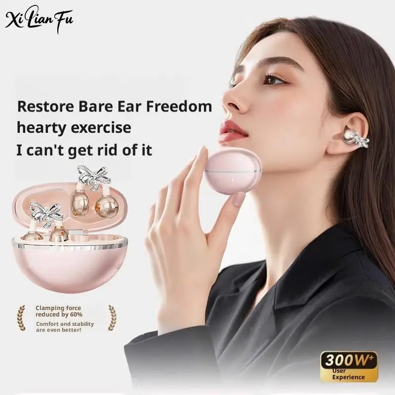 سماعات بلوتوث مفتوحة الظهر مع مشابك فيونكة لامعة للزينة، سماعات رأس لاسلكية ذكية، سماعات أذن عصرية مقاومة للماء