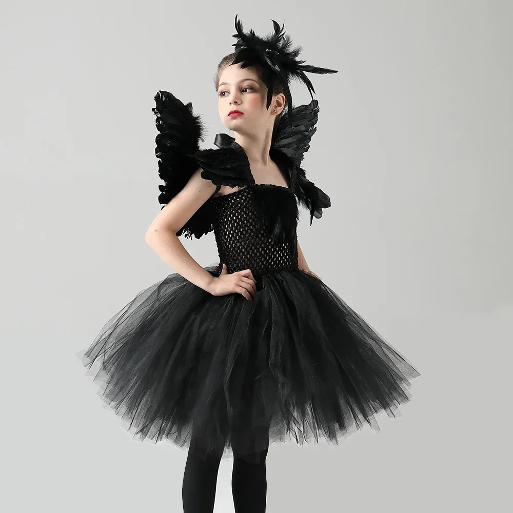 Black Swan Lake Ballerina Costume For Baby Girls Gothic Witch Swan Halloween  Dress Kids Evil Queen Tutu Feather Dress Child