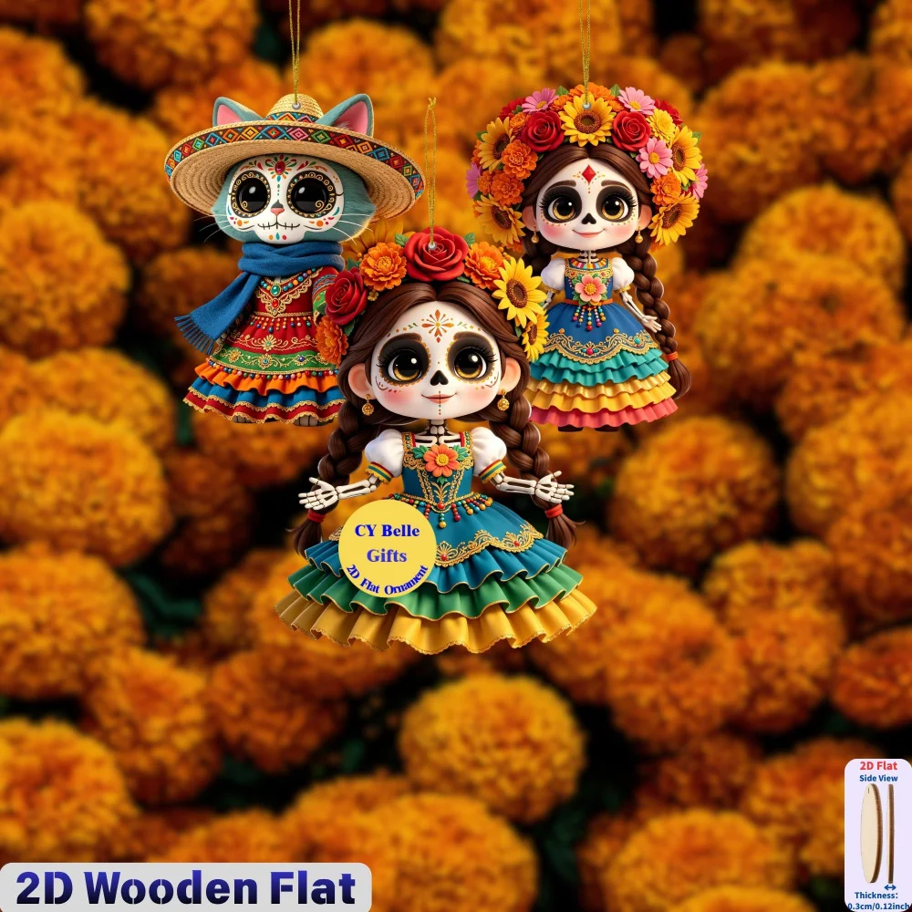 2D Flache Holz-Süßigkeiten-Totenkopf-Hängeornamente für Halloween, Tag der Toten, Weihnachten, Schulanfang, Zuhause, Büro, Klassenzimmer, Auto, Schlüsselanhänger – Detail 9
