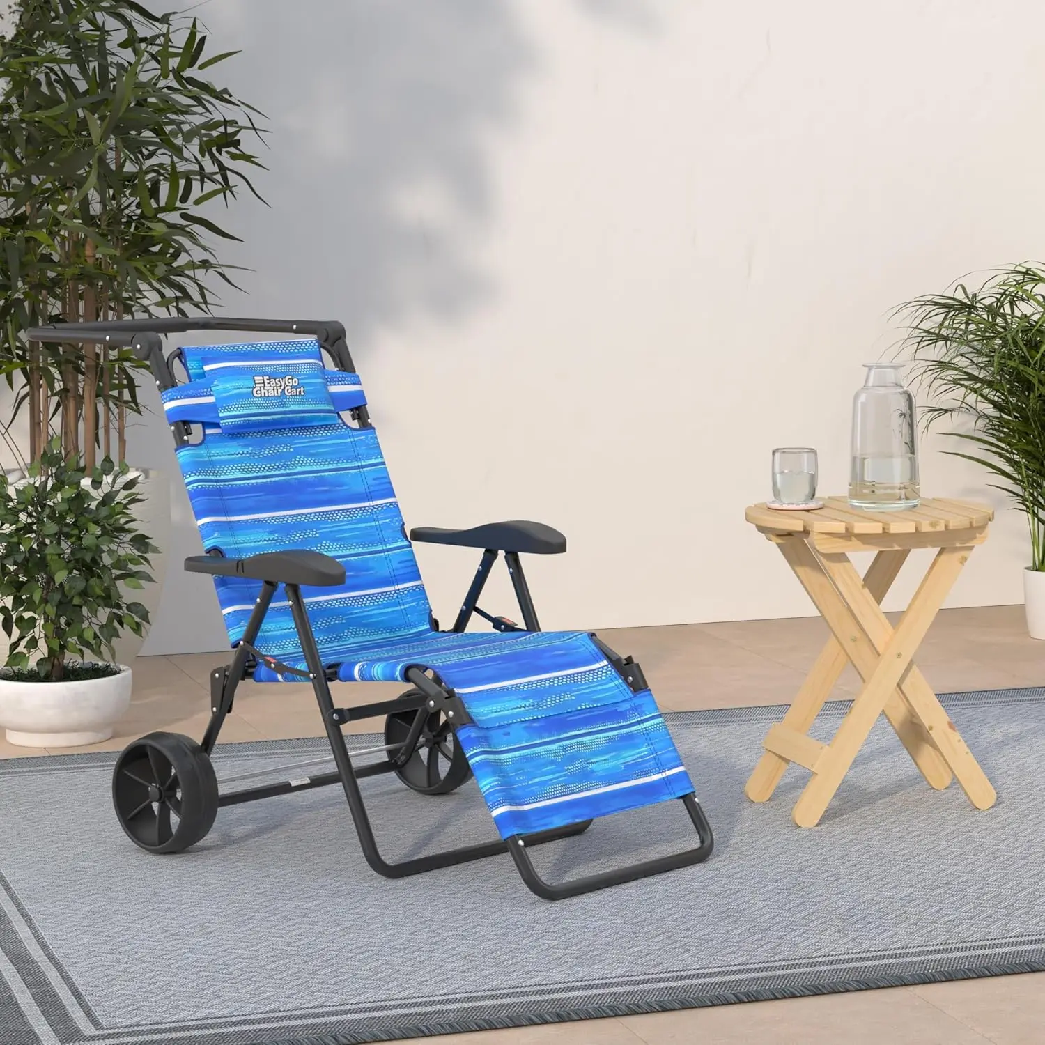 Beach Cart Chair  2 in 1 Turns from Beach Cart to Beach Chair Large Wheels Easy to Use Large Capacity  Blue Striped Color