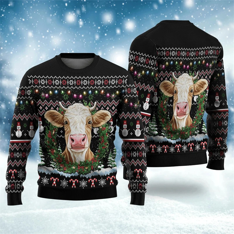 2026 جديد مضحك البقرة رئيس الجرافيك القبيح عيد الميلاد سترة موضة طاقم الرقبة ثلاثية الأبعاد مطبوعة عيد الميلاد البلوز فضفاض عطلة ارتداء البلوفرات #5