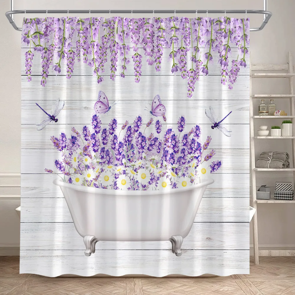 Purple Lavender Shower Curtain Butterfly Dragonfly Watercolour Floral Plant Bath Curtain Set Polyester Bathroom Decor with Hooks