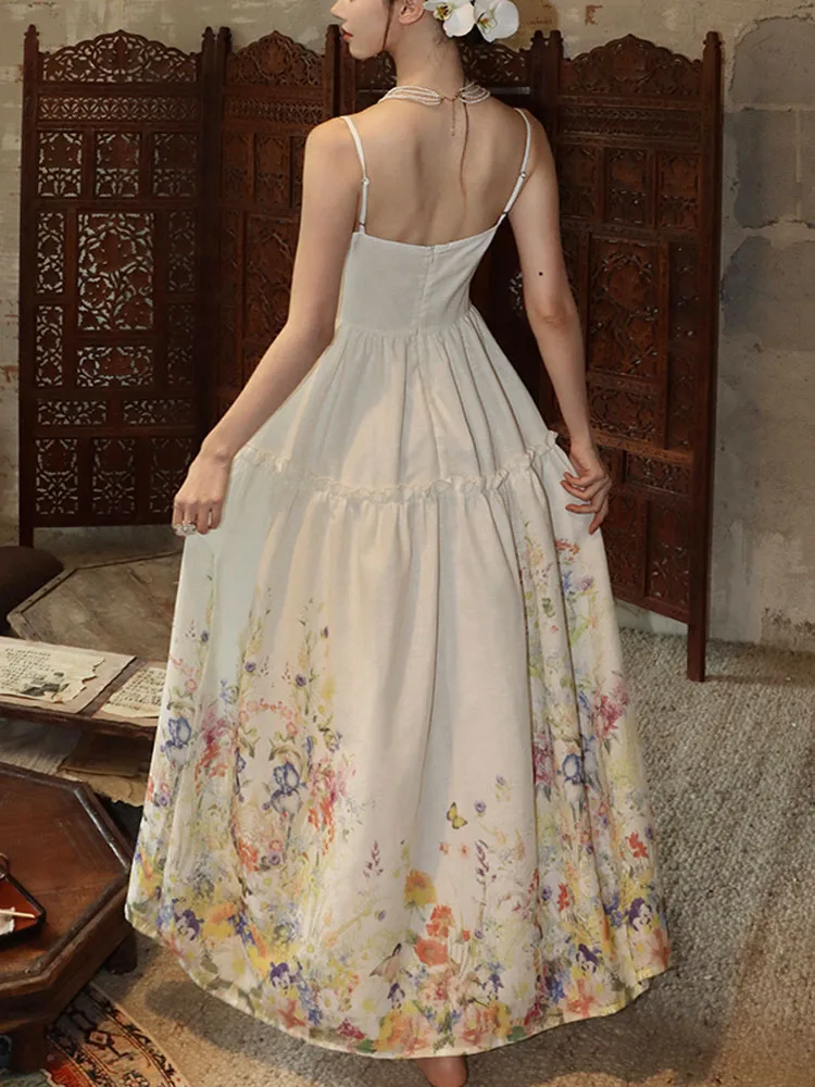 Vintage Boho Mode Lange Kleider Für Frauen Sommer Blume Drucken Chiffon Hohe Taille Casual Urlaub Party Kleid Vestidos 2025, Neue