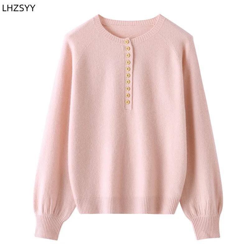 LHZSYY 100%Pure Goat Cashmere Sweater Ladies New Bubble Sleeve Pullover Buttons High-end Knit Base Shirt Autumn Joker Loose Tops