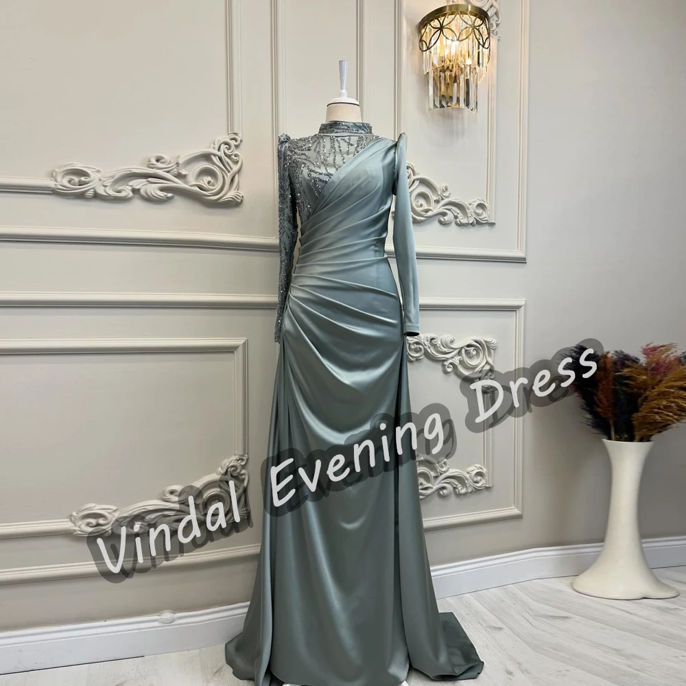 Vindal Evening Dress O-Neck Floor Length Mermaid Built-in Bra Beaded Elegant Satin Sexy Long Sleeves Saudi Arabia For Woman 2024