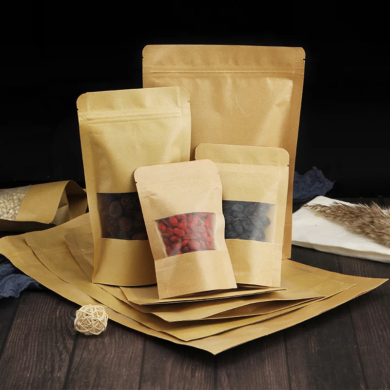 100pcs highdefinition kraft paper zipper lock window bag brown re-sealable stand up pouch coffee bean festival foodpackaging