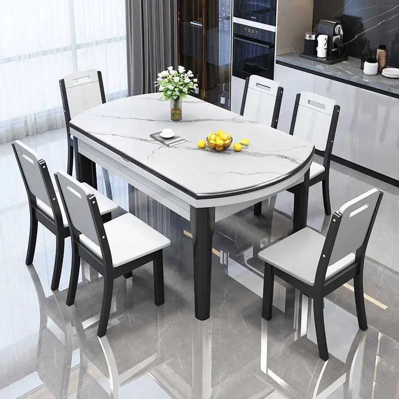 DSA household bright rock slab dining table light luxury retractable round table simple square and round dual-purpose dining