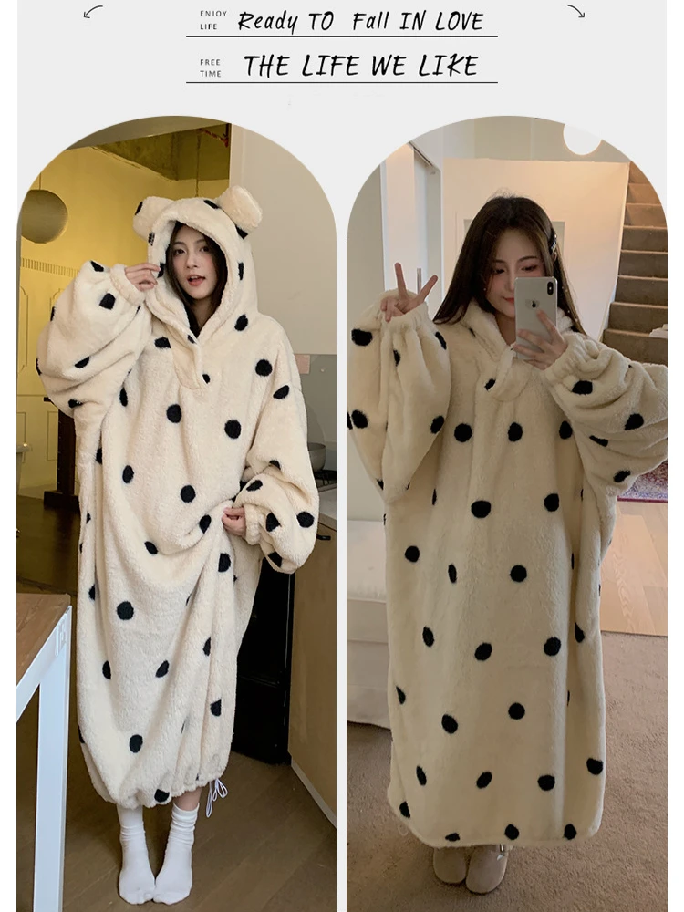 Plus Size Women\'s Winter Warm Sleepwear Cute Coral Fleece Thickened Nightgown Loose Home Clothes Outerwear Hooded Plush Pajama