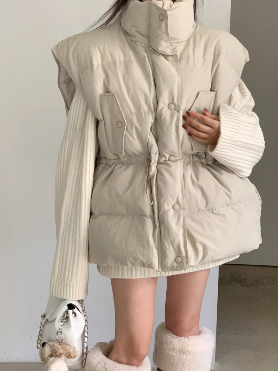

Women's down Cotton Jaet Vest Thiened Warm Loose Waist Cinched Bread Sle Coat Stand Collar Outerwear Polyester Fiber