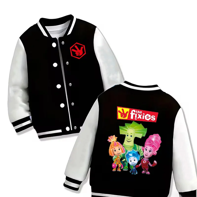 The Fixies Baseball Uniform Hoodie Funny Cartoon Jacket Girls Clothes Boys Casual Outerwear Harajuku Sweatshirt Kids Cute Tops