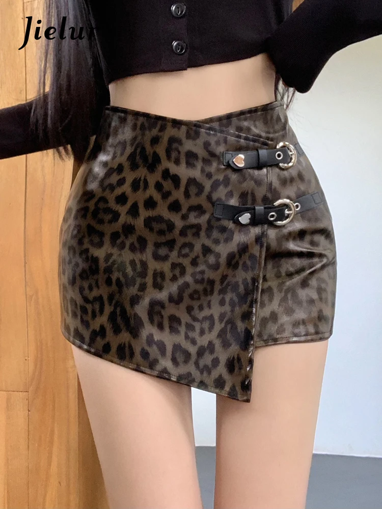 

New Vintage Leopard Print Irregular A-Line Mini Skirt for Women Autumn Fashion Pu Sexy High Waist Street Casual Female Skirts