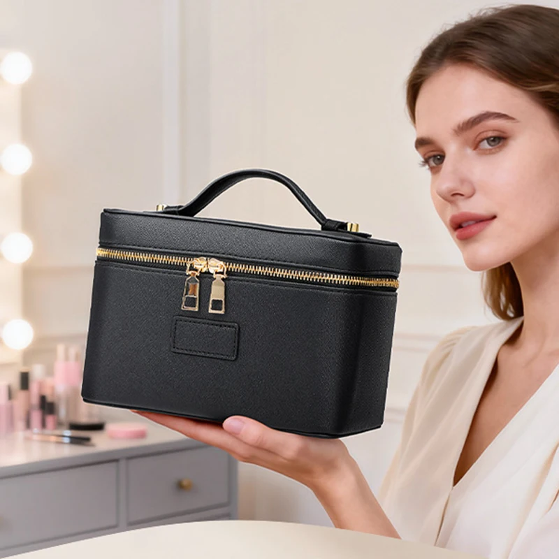 PU-Handtaschen-Make-up-Etui mit großer Kapazität, doppeltem Reißverschluss, abnehmbaren Trennwänden, tragbarer Reise-Kosmetik-Organizer. – Detail 1