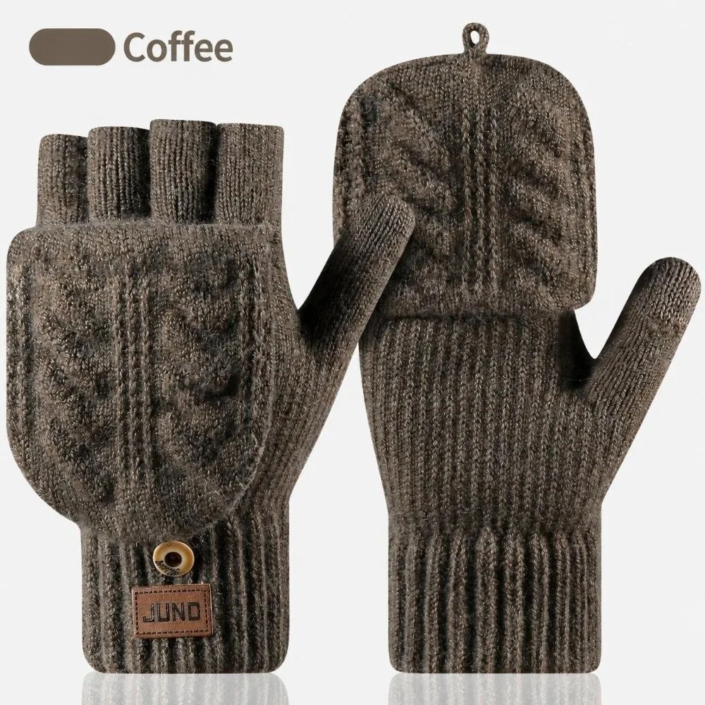 Soft Unisex Winter Cable Knitted Gloves Polyester Blend One Size Men Flip Top Gloves Warm Women Half Finger Mittens Texting
