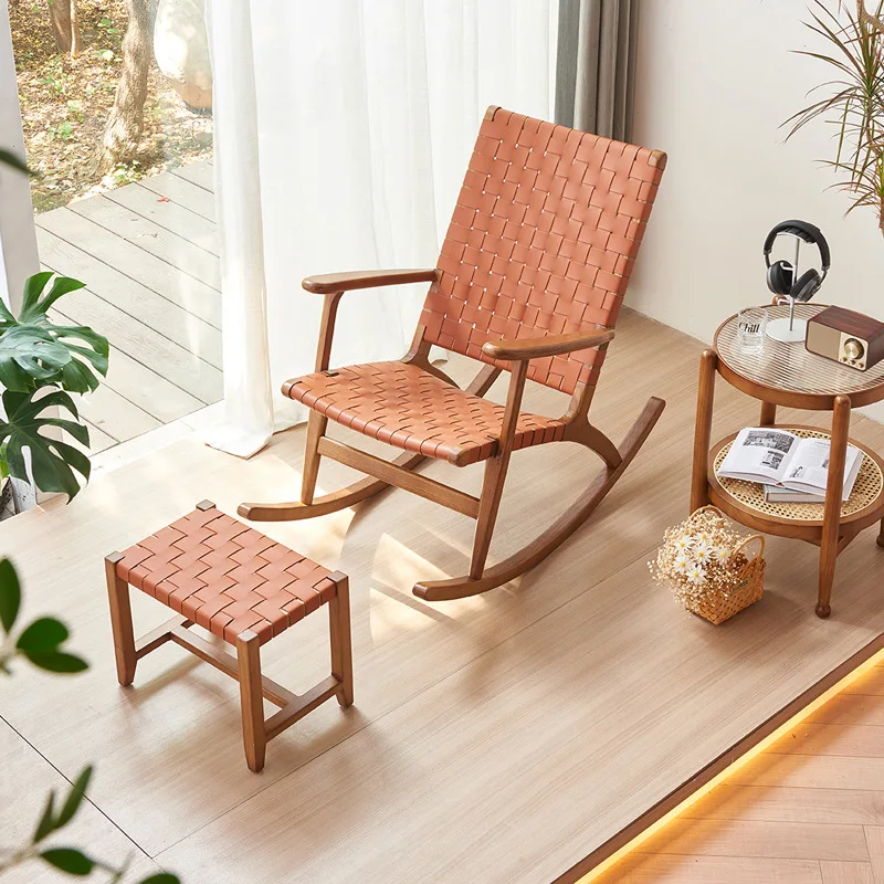 

Nordic solid wood rocking chair home balcony casual saddle leather old man happy chair modern simple lazy nap recliner