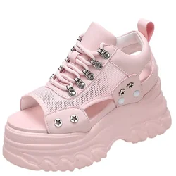 Pink 8CM High Heels Women Summer Platform Sandals Breathable Wedges Ladies Beach Mesh Slippers Chunky Rome Shoes Sandalias Mujer